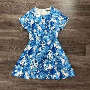 Pure Sugar Blue Floral Fit & Flare Dress Sz Medium Short Sleeve Lined A-Line GUC